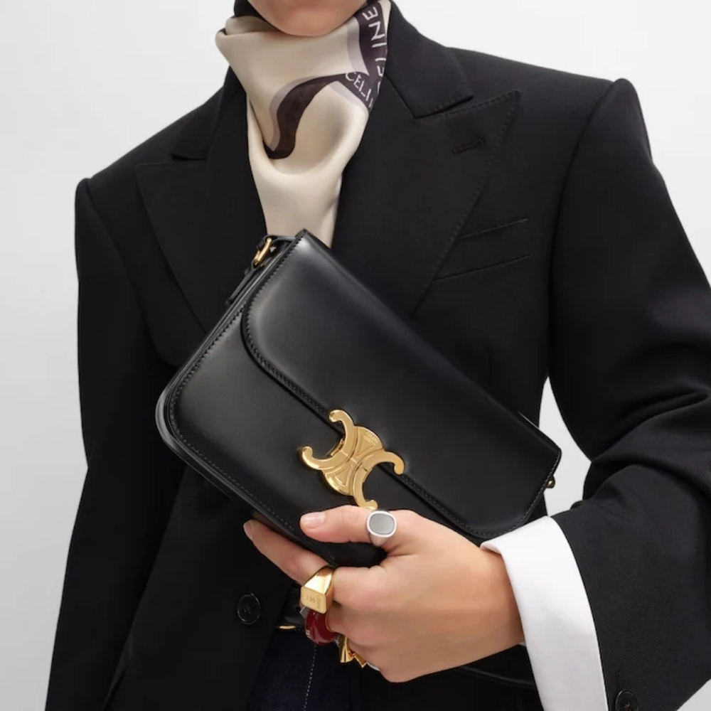 New! MSRP $4350 Authentic CELINE TRIOMPHE BAG IN BLACK Shiny Calfskin BLACK - Picture 4 of 16